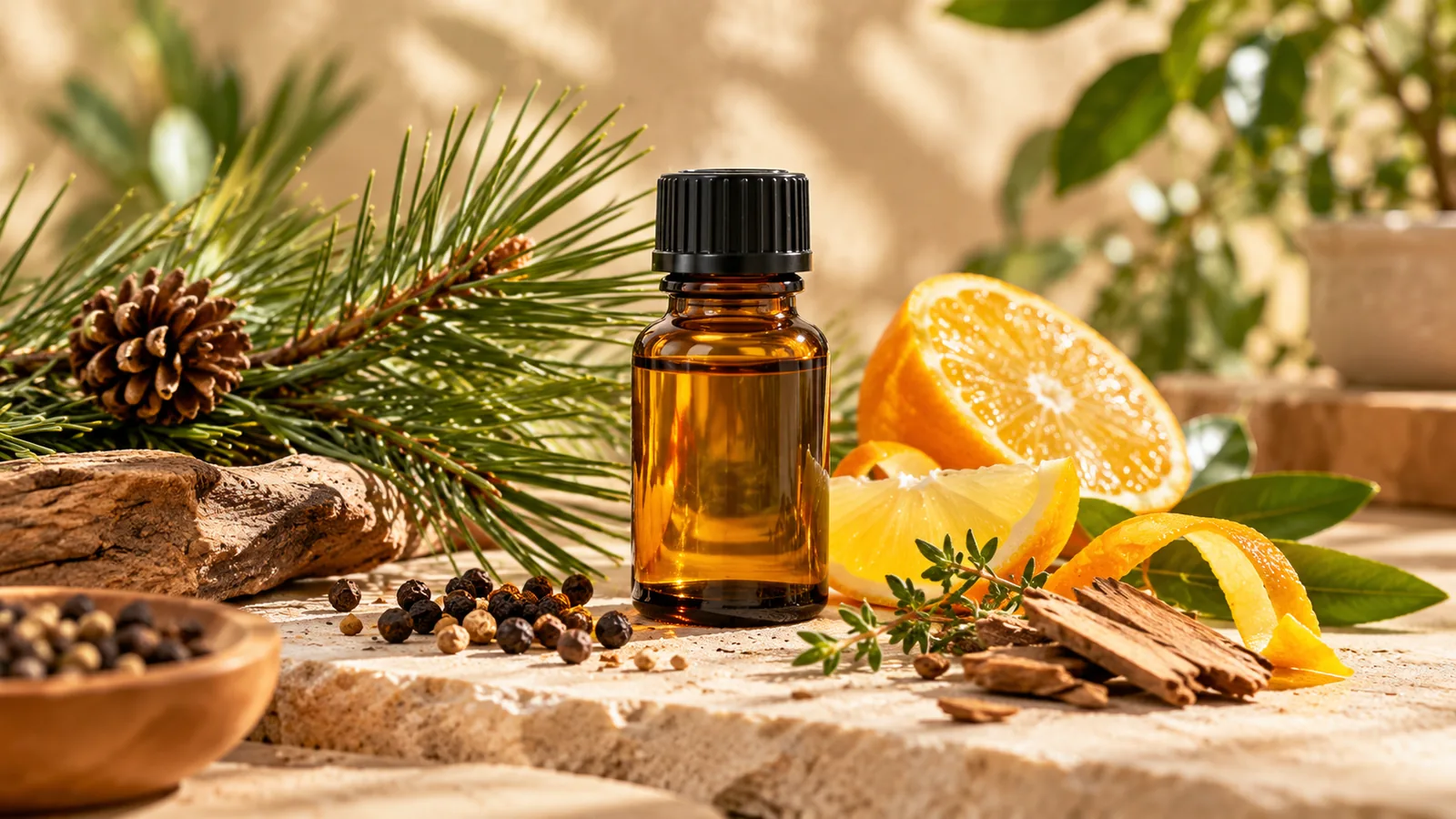 Jack Herer terpene profile illustrated with pine needles, citrus, peppercorns, wood and an amber bottle