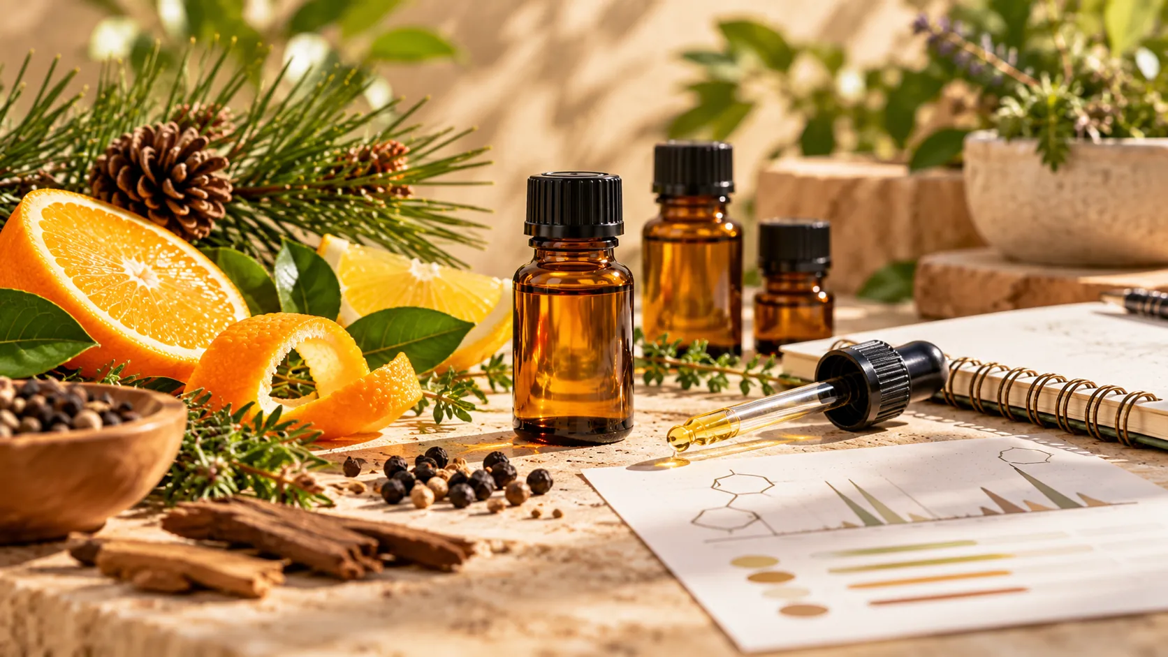 Jack Herer Strain Terpene Profile: Aroma, Dominant Terpenes and Flavour 4 Amber terpene bottles, citrus, pine and laboratory-inspired materials illustrating terpene formulation