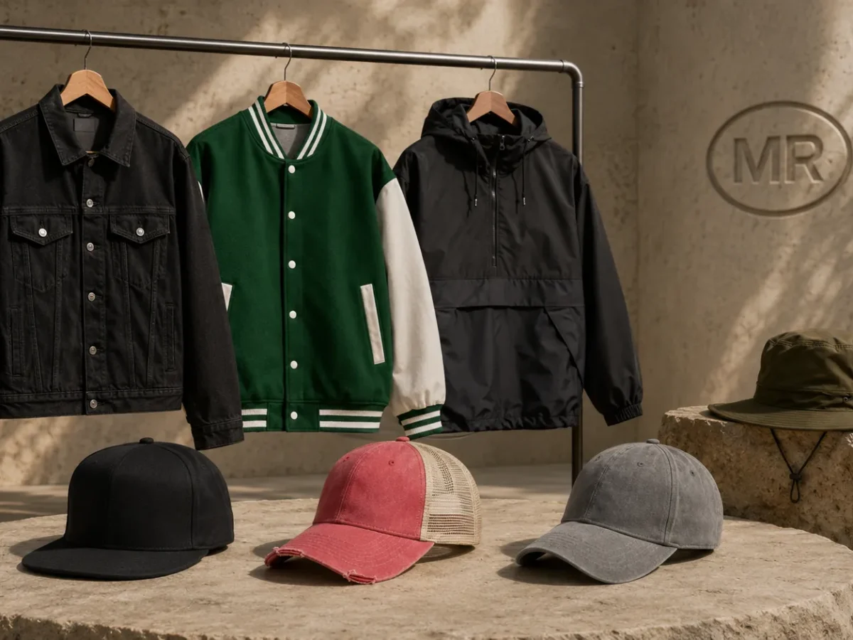 Close-up of white label jacket and cap branding details