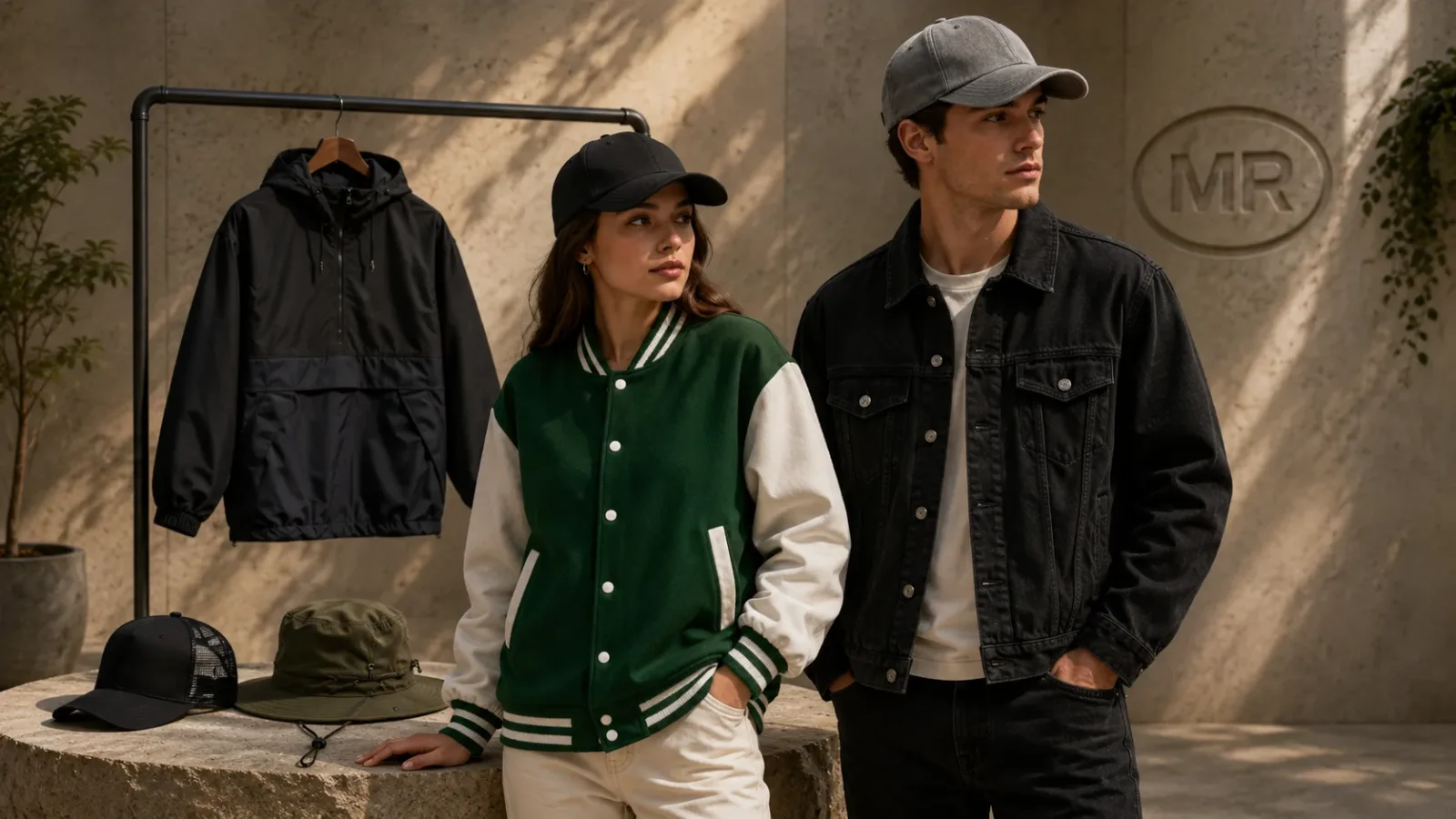 Team reviewing white label jackets and headwear for branded apparel production