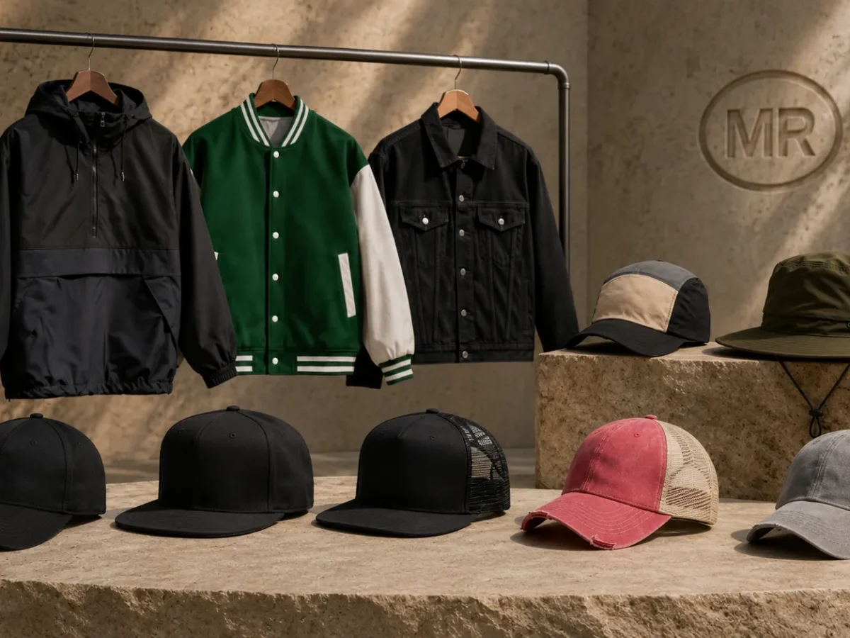Branded jackets and headwear prepared for retail drops and staff apparel