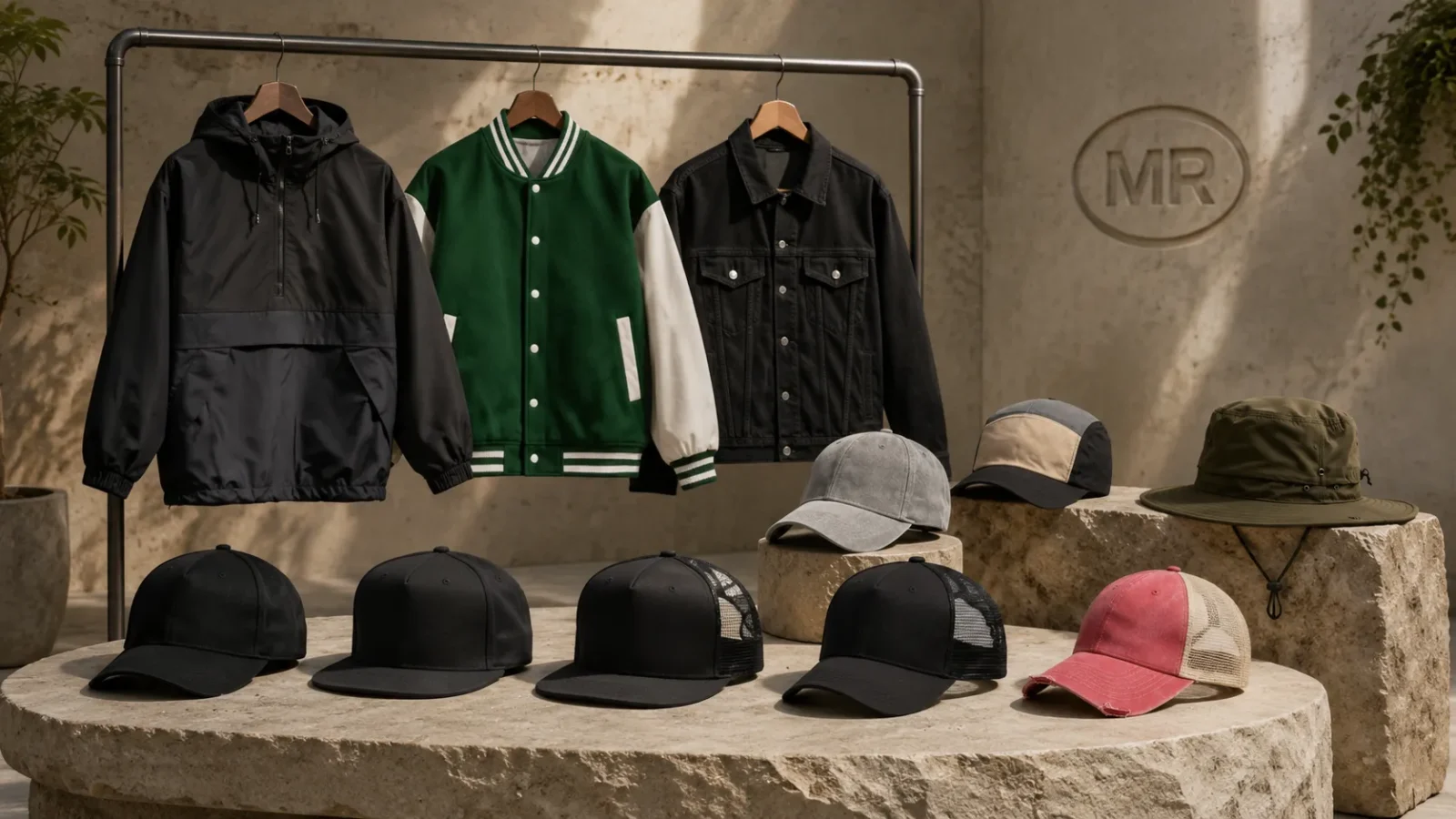 White label jackets and headwear displayed for custom branded apparel orders