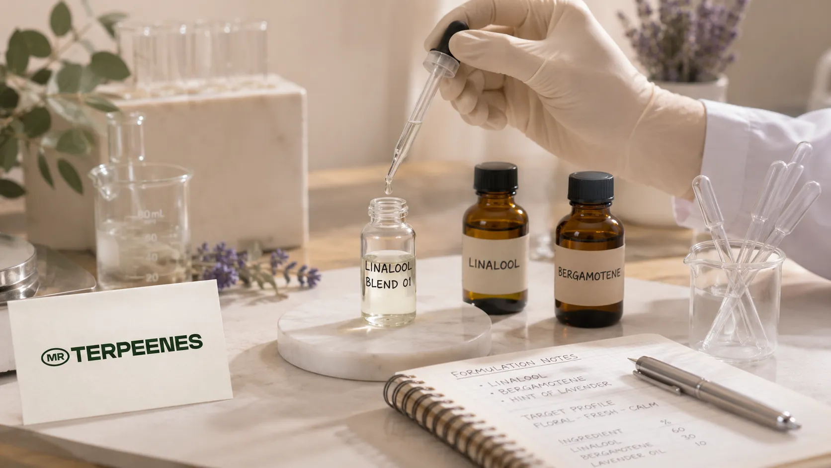 Linalool Terpene Profile: Aroma, Uses and Blending Notes 3 Gloved hand dosing linalool into a blend with a pipette at a formulation bench, beside labelled terpene bottles and written notes