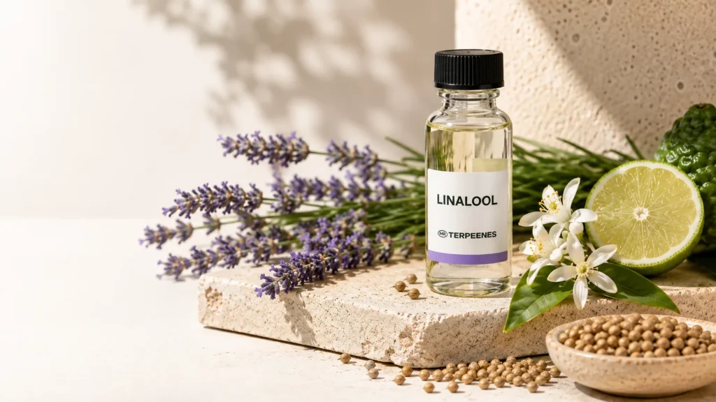 Bottle of linalool terpene beside lavender, coriander seed, orange blossom and bergamot, the plants it is sourced from