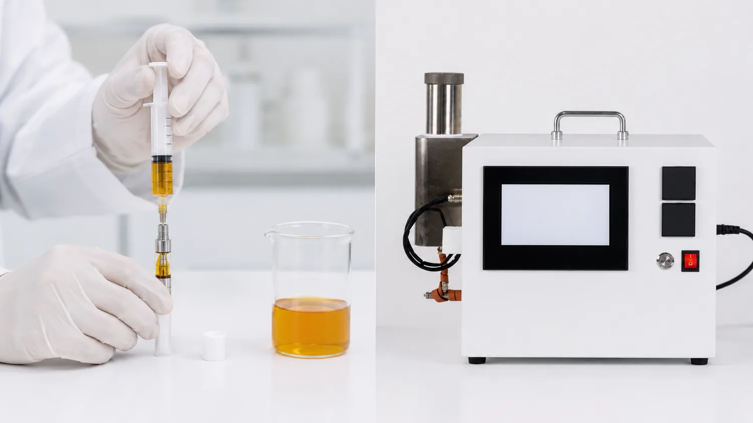 Manual cartridge filling with a pipette next to an oil cartridge filling machine