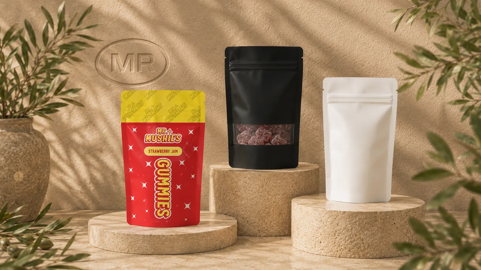 Custom Mylar stand-up pouches showing a resealable zip closure, clear viewing window and natural kraft finish
