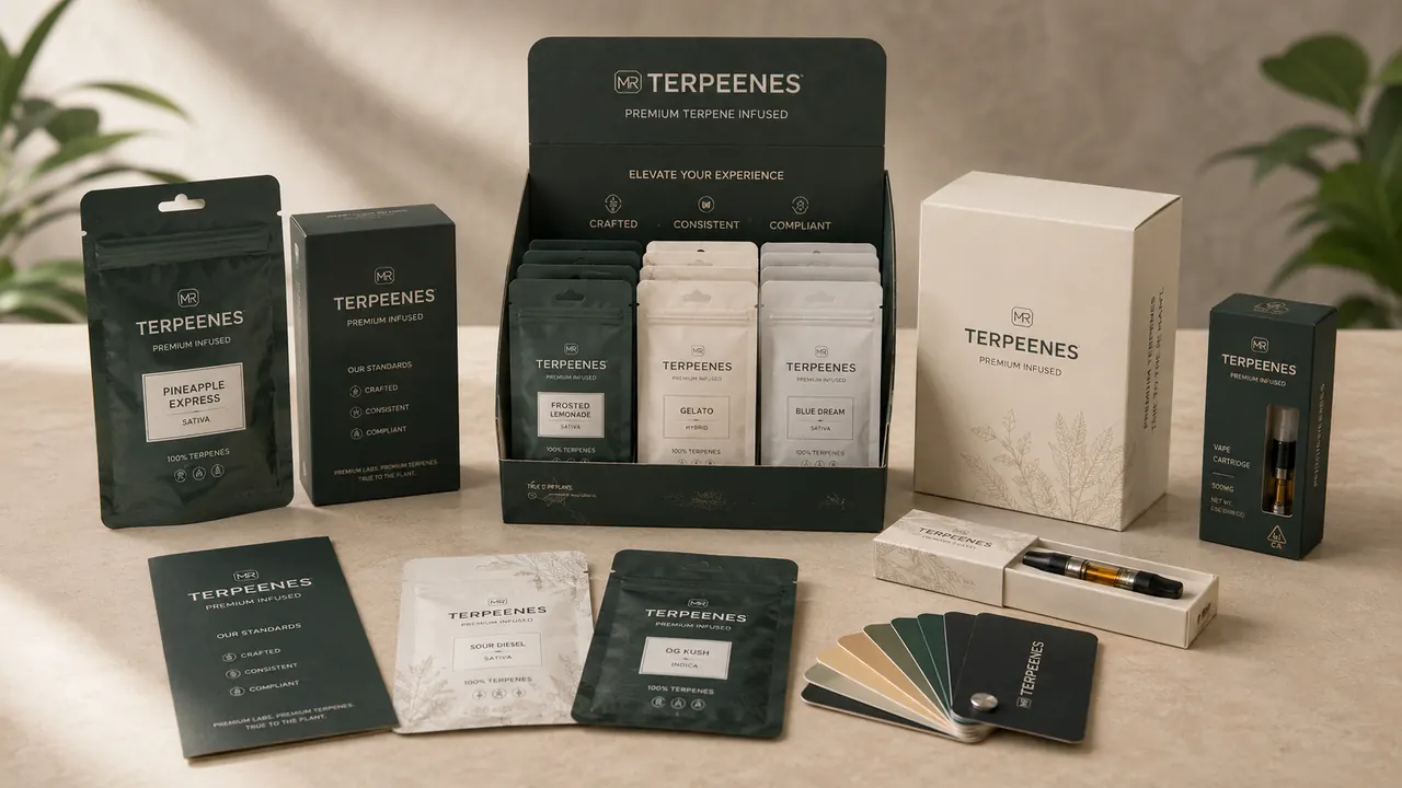 White Label Packaging for Terpene and Vape Brands: Mylar Bags, Rigid Boxes and POS Displays 4 Custom mylar bags, rigid boxes and a POS display shown together as a coordinated retail packaging range