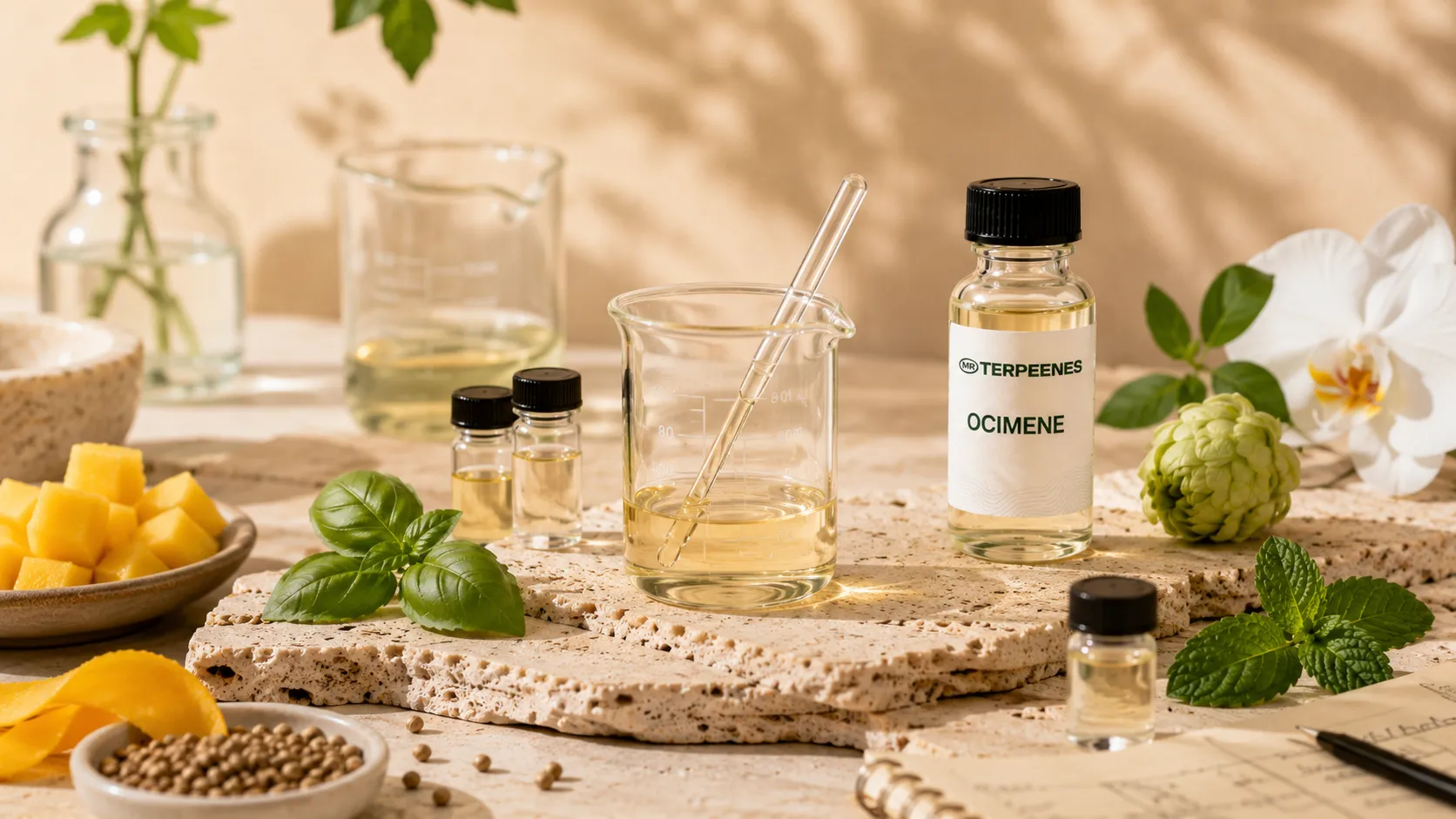 Ocimene terpene blending bench with a glass beaker, pipette, small sample vials, basil, mint, mango and a formulation worksheet
