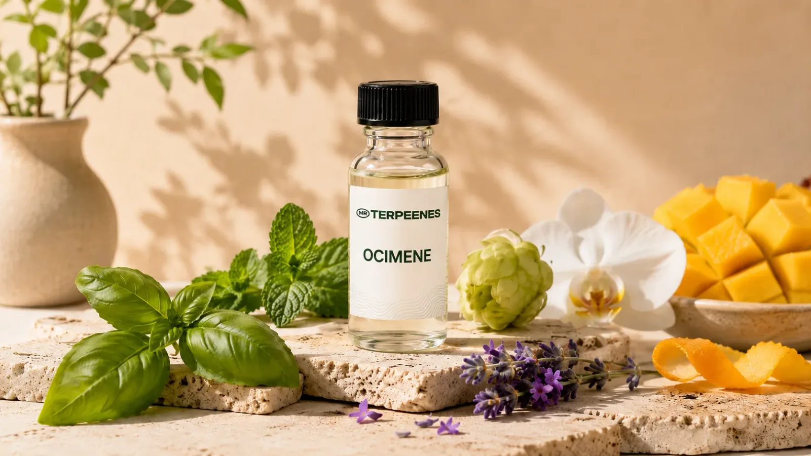 Bottle of Mr Terpeenes ocimene terpene on travertine with fresh basil, mint, a hop cone, a white orchid, lavender, cubed mango and citrus peel