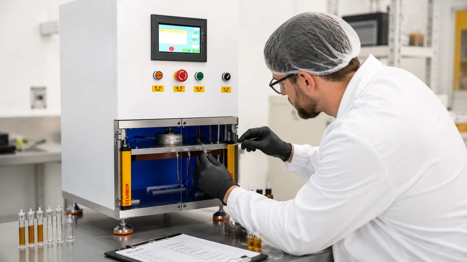 Technician performing oil filling machine maintenance on a cartridge filler in a clean laboratory