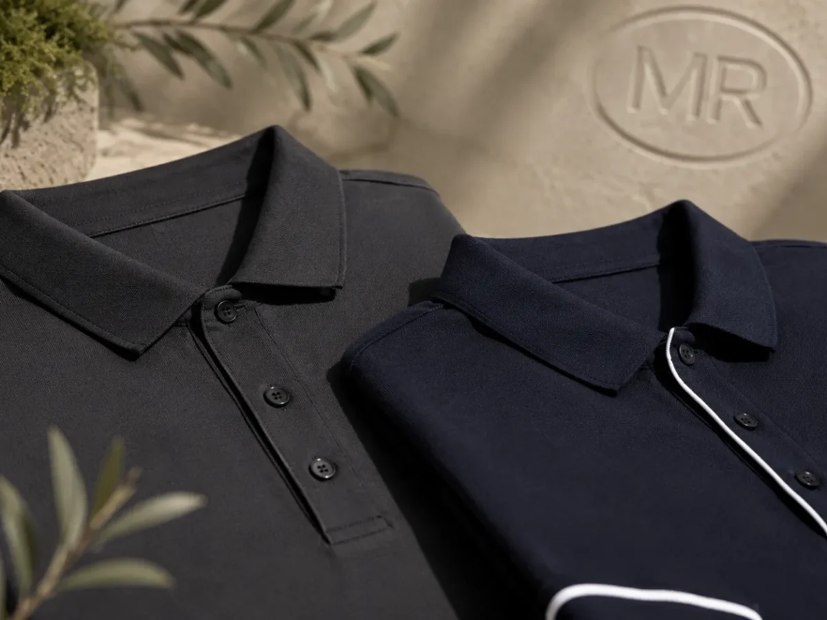 Close-up of white label polo shirt collars and fabric detail for custom branding