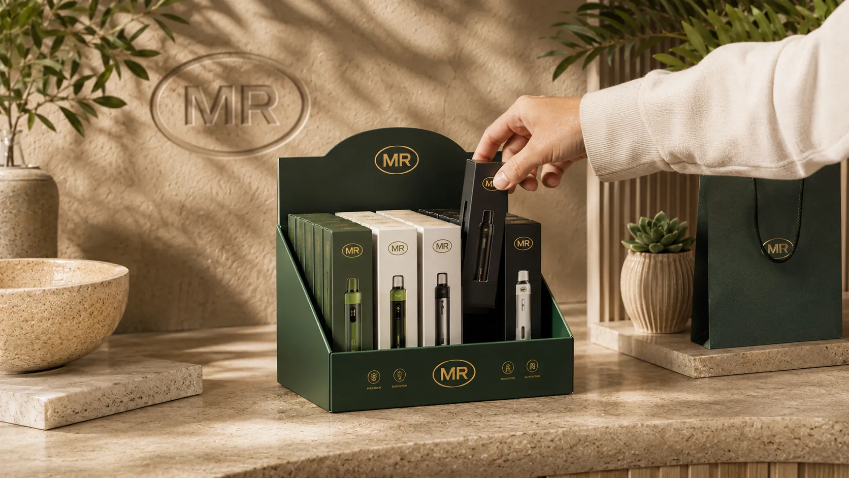 Hand restocking a branded POS display with boxed retail products