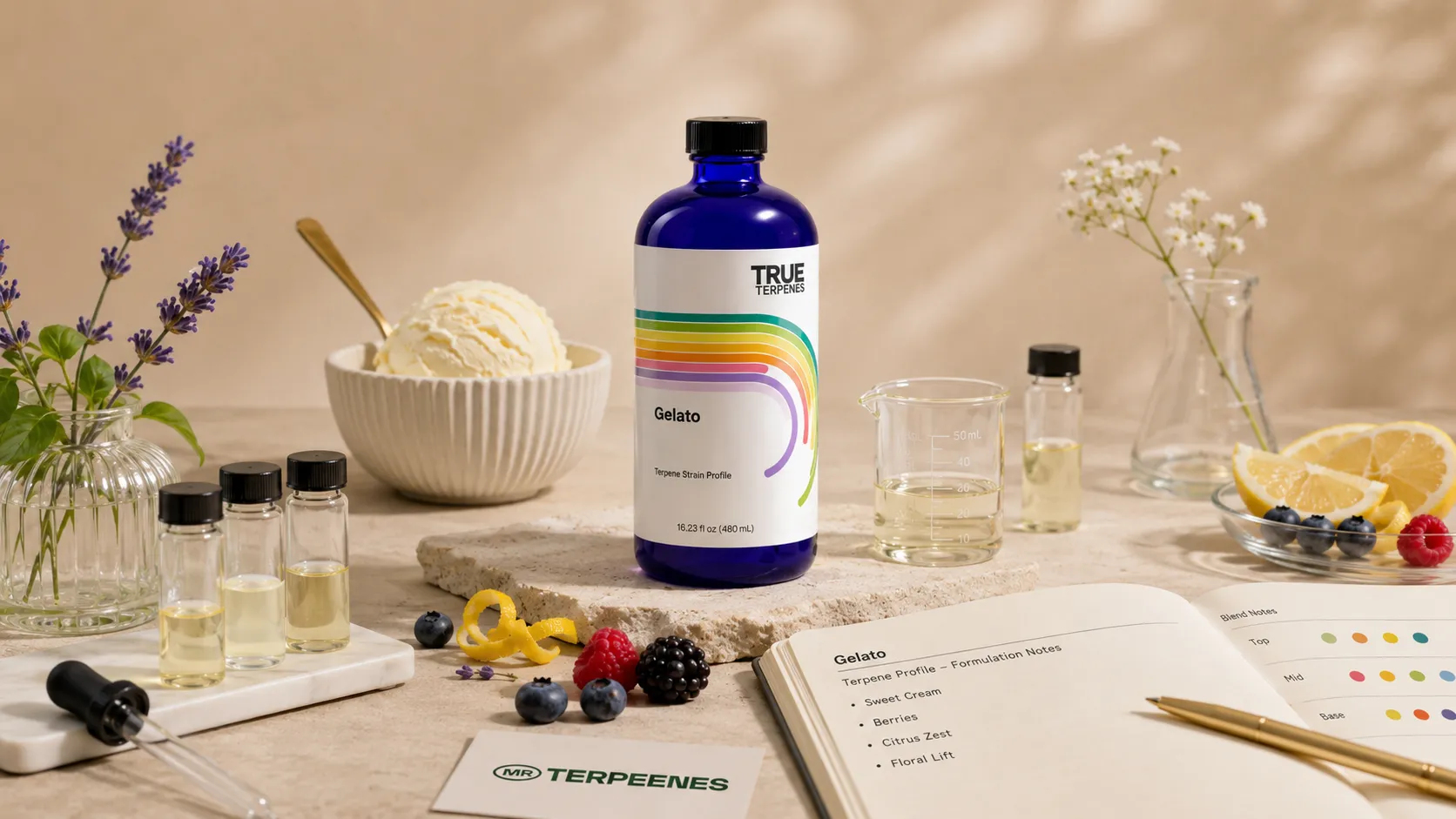 Recreating a Gelato terpene profile as a custom terpene blend for brands, with formulation notes, beakers and droppers