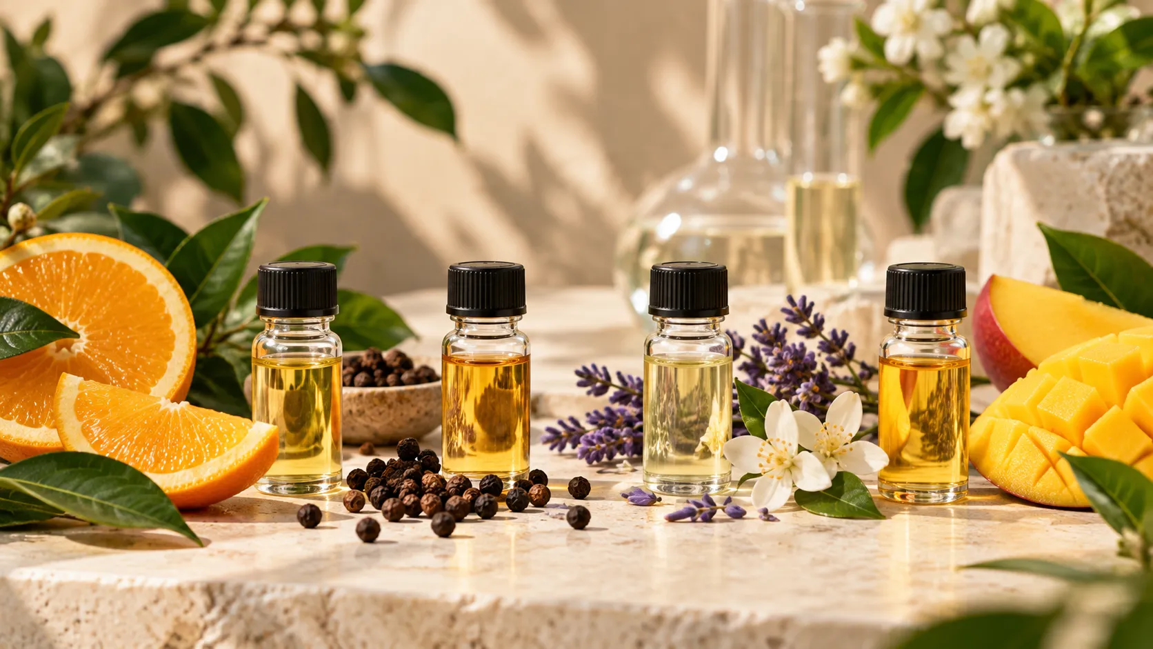 Runtz Strain Terpene Profile: Aroma, Dominant Terpenes and Flavour 3 Four terpene sample bottles with orange, black peppercorns, lavender and mango on a stone surface