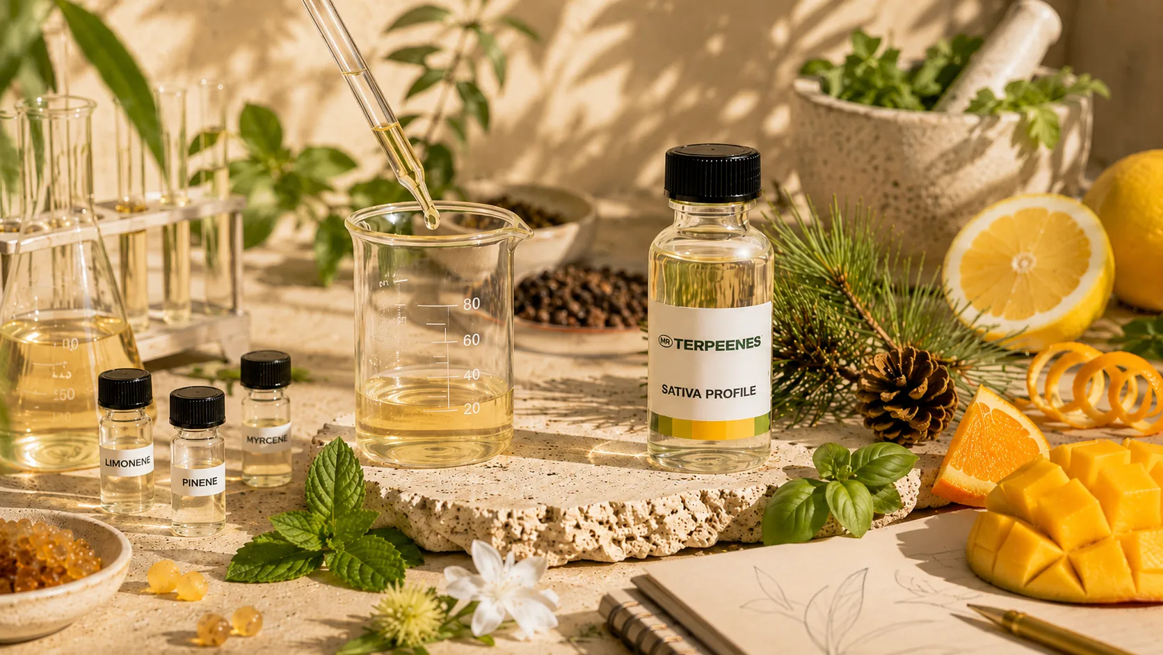 Blending bench with limonene, pinene and myrcene vials, a dosing pipette and beaker beside a Mr Terpeenes Sativa Profile bottle, pine, citrus and basil