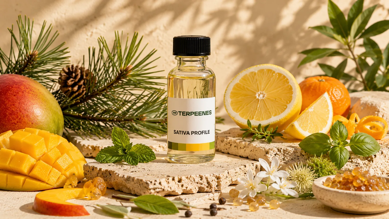 Mr Terpeenes Sativa Profile bottle surrounded by lemon, orange, mango, pine, basil and mint, the aroma families typical of a sativa terpene profile