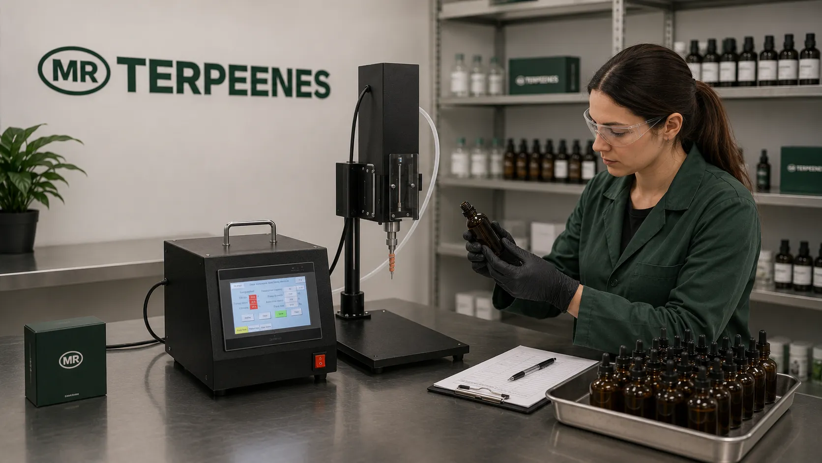 Small Batch Oil Filling Machines: When to Move From Manual Filling to Semi-Automatic Production 3 Production technician checking fill level on a dropper bottle beside a semi-automatic filling machine and a batch record sheet