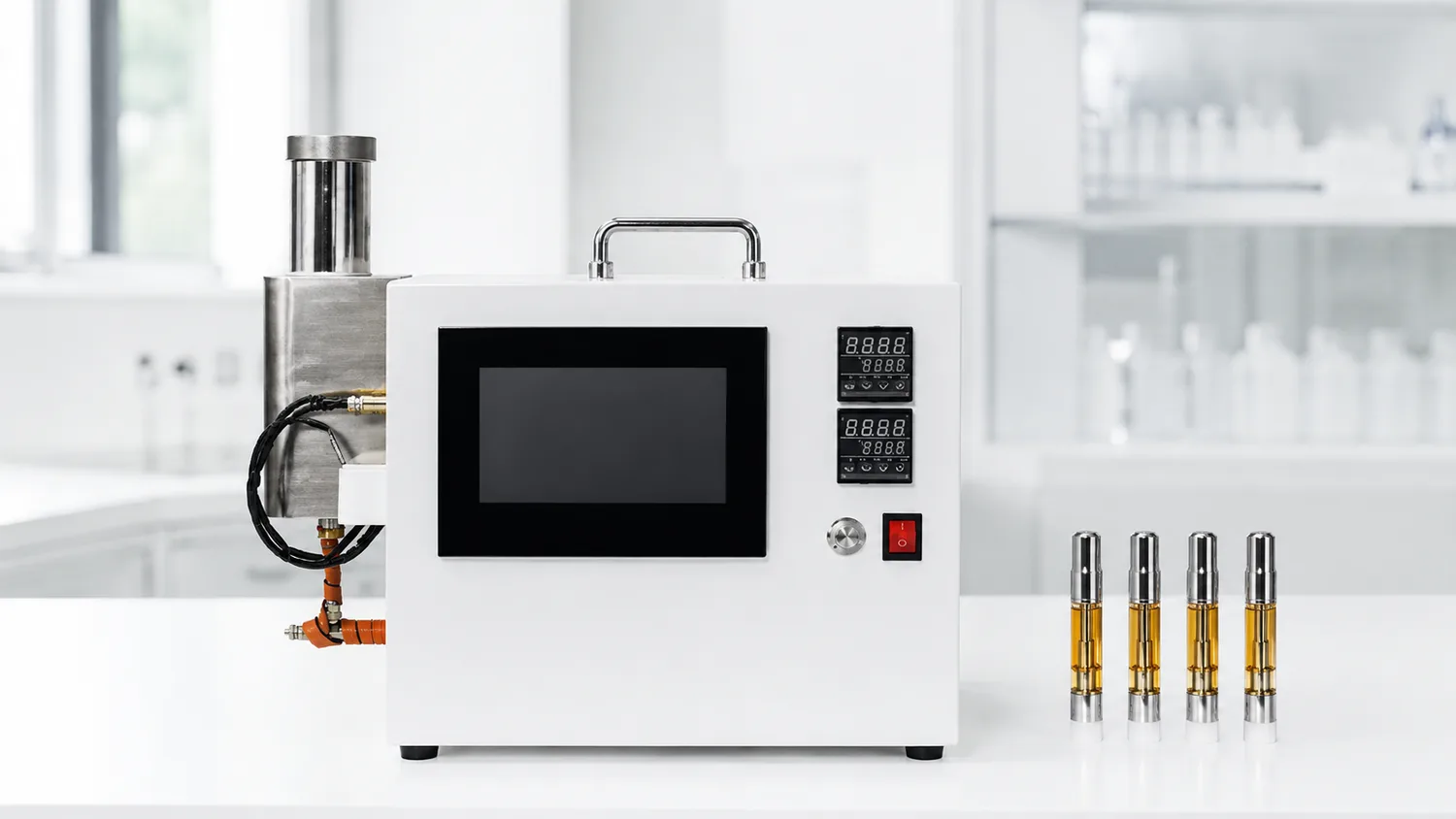 Semi-automatic oil cartridge filling machine with vape cartridges lined up for production