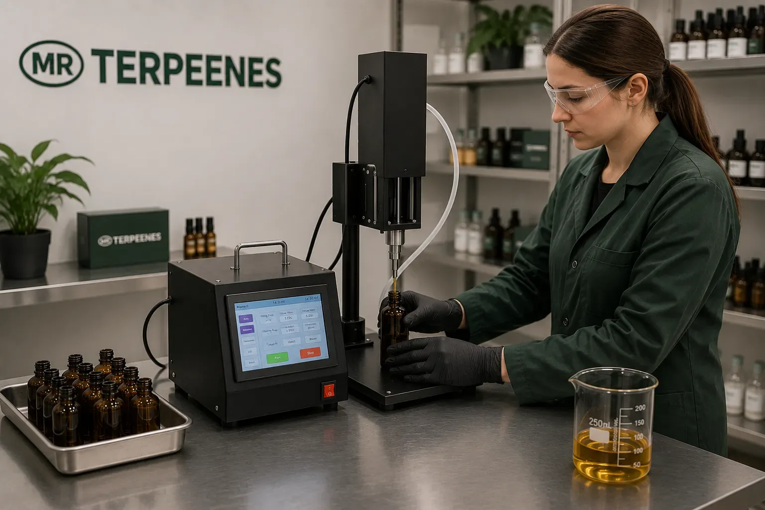 Operator using a semi-automatic small batch oil filling machine to fill amber bottles in a Mr Terpeenes production room