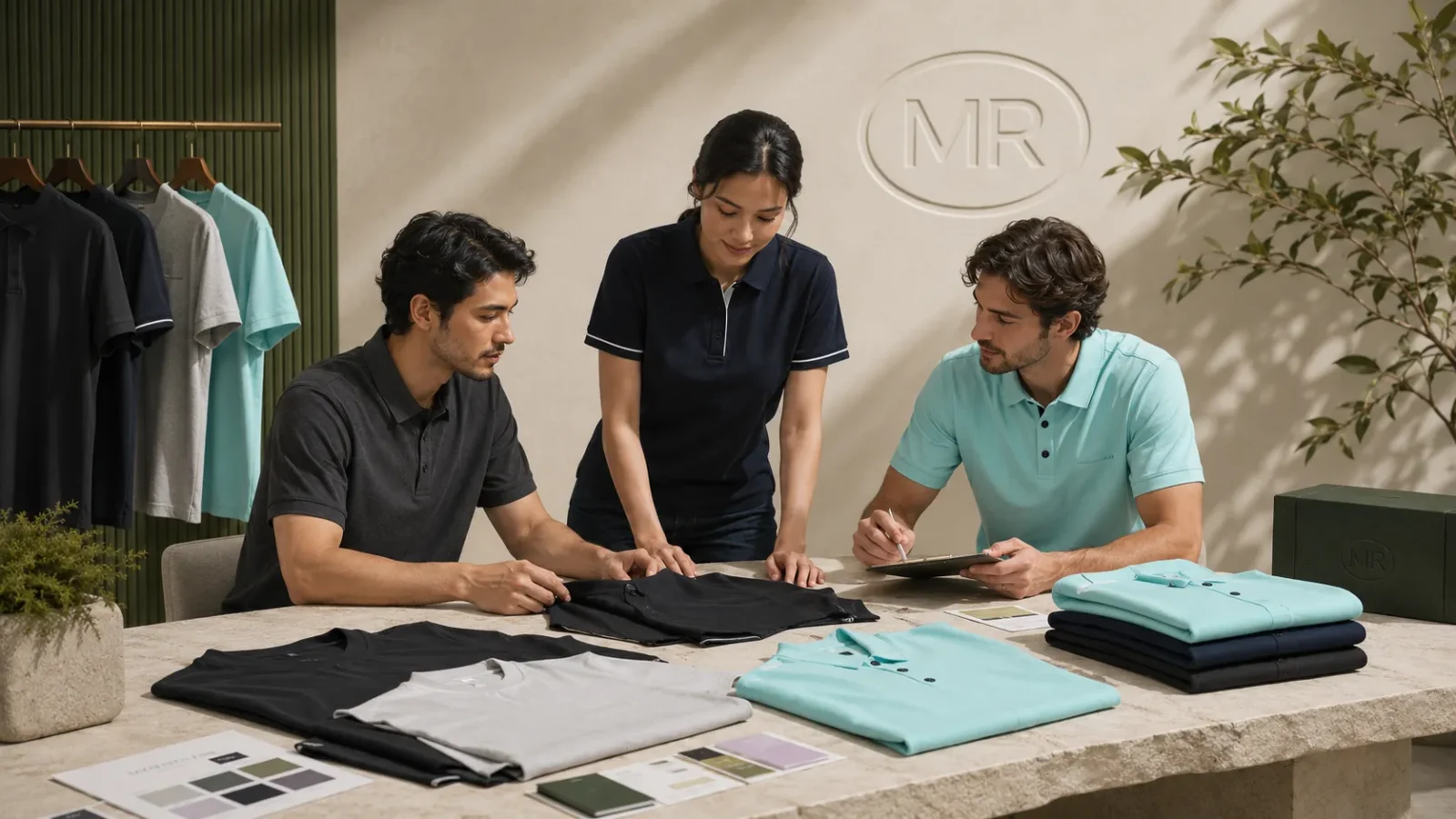 Team reviewing white label t-shirts and polos for branded apparel production