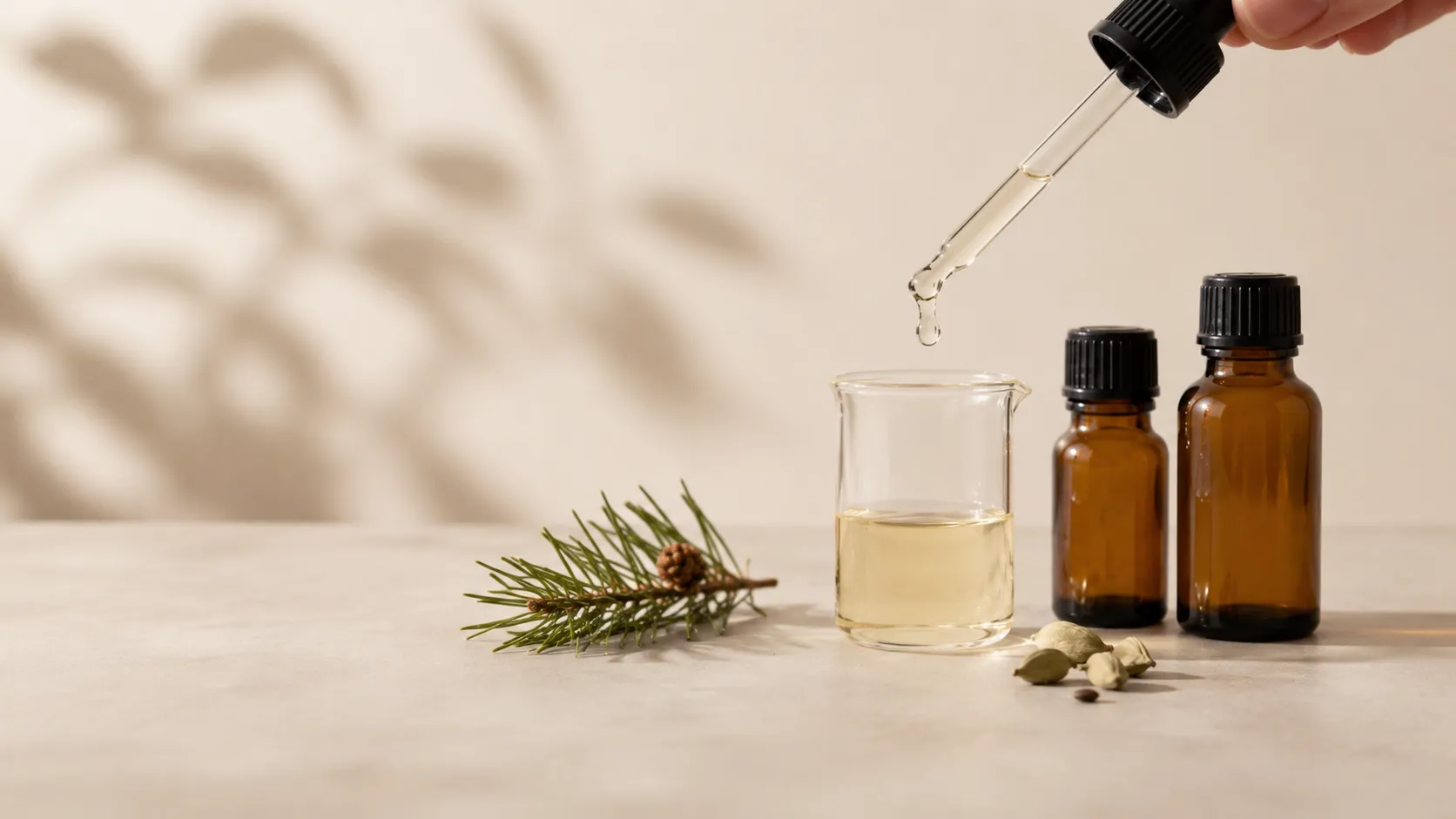 Recreate a Terpene Flavour Profile: Match, Improve, Replace 2 Formulator dosing a terpene blend into a glass beaker to match a target flavour profile