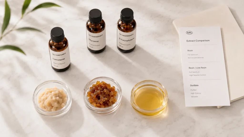 Terpenes for rosin, resin, live resin and distillate compared with Mr Terpeenes botanical terpene bottles.
