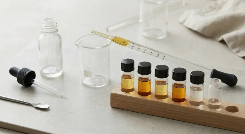 Terp to Distillate Ratio Calculator: How Much Terpenes Should You Add? 2 Terp to distillate ratio calculator showing sample vials, pipette and small batch formulation setup