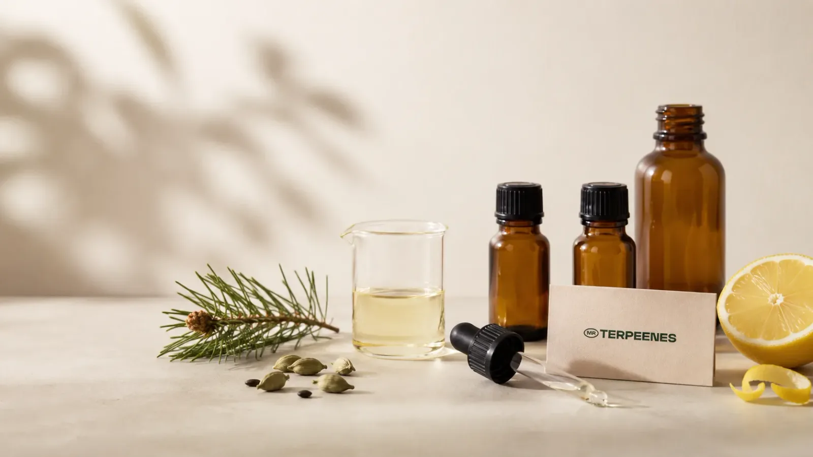 Terpene flavour profile development at Mr Terpenes: amber dropper bottles, pine sprig, lemon and cardamom on a beige bench