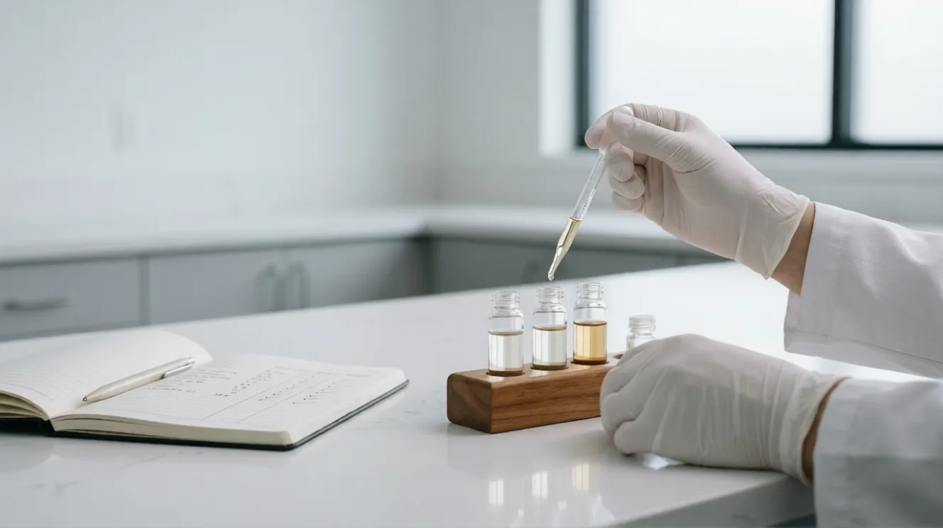 Lab technician dispensing terpenes during formulation quality control to ensure consistent terpene product batches