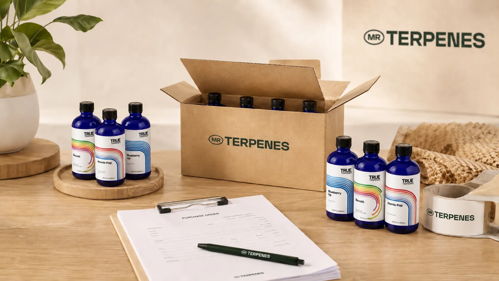 Mr Terpeenes bottles prepared for UK and EU terpene buyers with purchase paperwork