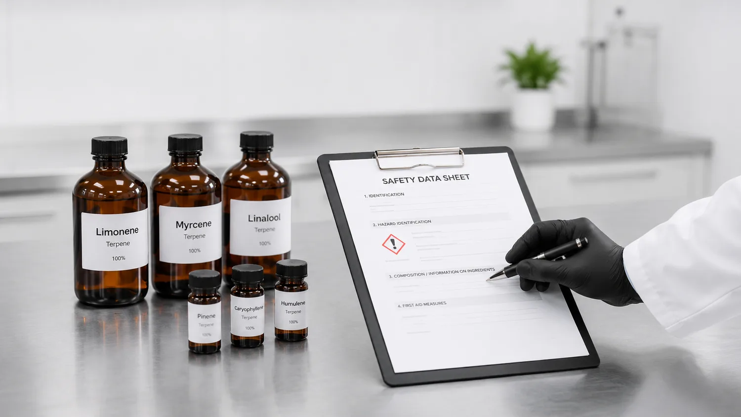 Hand signing a terpene MSDS safety data sheet beside bottles of food grade terpene isolates