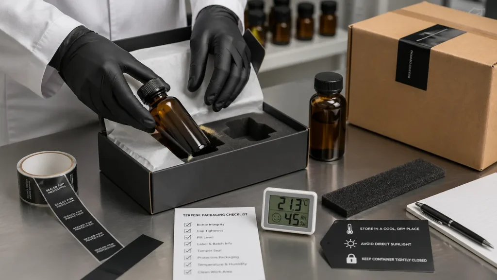 Terpene Packaging Solutions quality control process with protective packaging, amber bottles and storage checklist