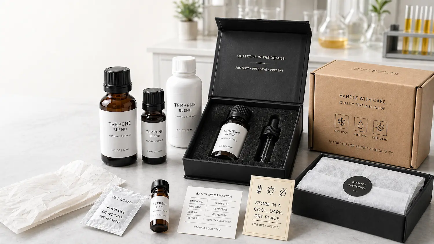 Terpene Packaging Solutions with amber bottles, protective boxes and storage guidance for product quality