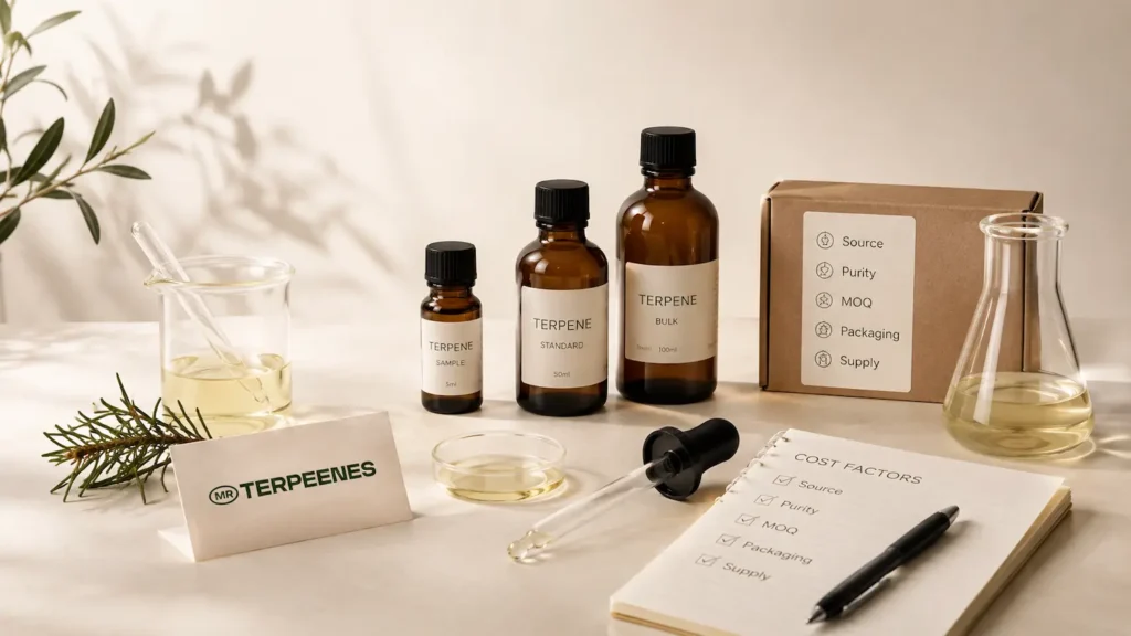 Terpene price factors explained with source, purity, MOQ, packaging and supply in a clean product layout.