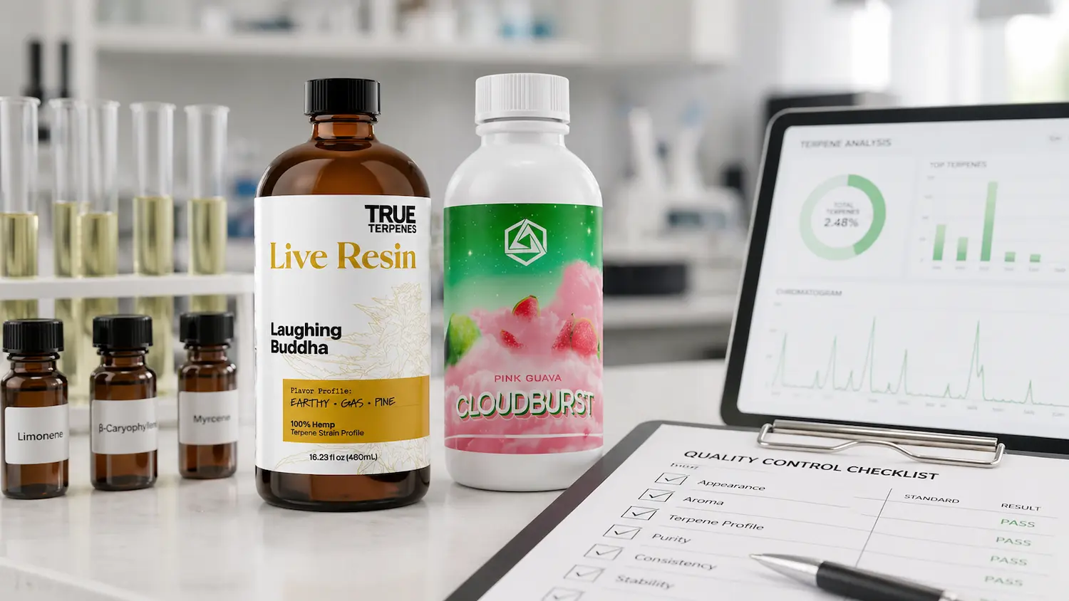 Terpene Quality Standards laboratory scene with terpene bottles, test tubes and quality control checklist