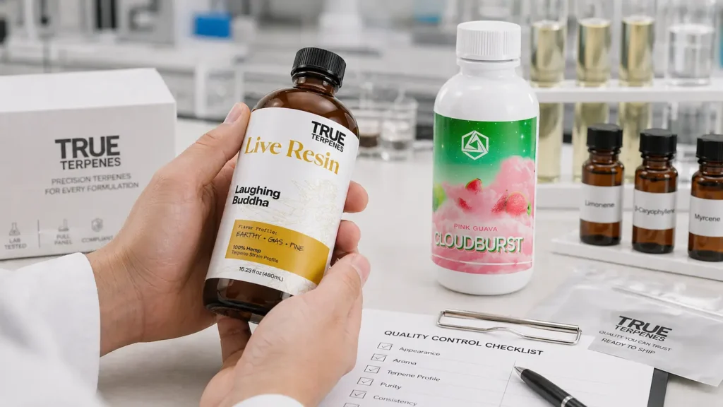 Product inspection scene showing Terpene Quality Standards with terpene bottle review and lab quality control process