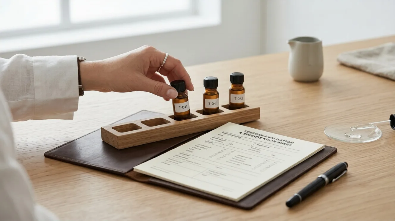 Hand placing labelled terpene sample bottles into a wooden tray next to a terpene evaluation and specification sheet