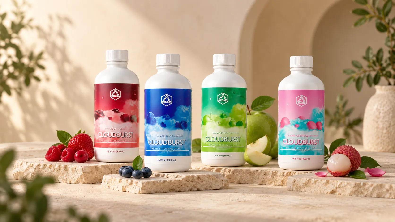 Four Abstrax terpene blend bottles arranged for side-by-side sample pack comparison