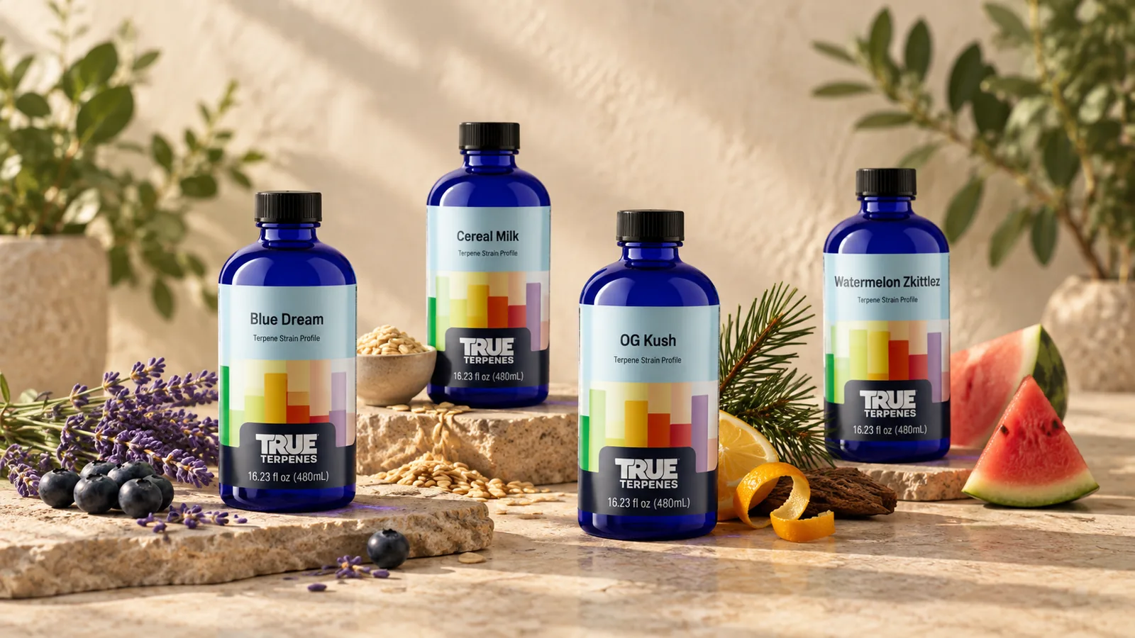 Four True Terpenes profile bottles arranged for side-by-side terpene sample comparison