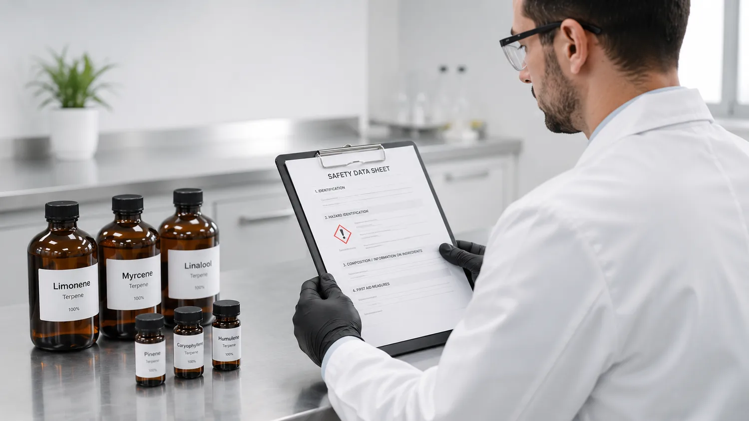 Lab technician reviewing terpene SDS document next to amber bottles of Limonene, Myrcene, Linalool and other terpene isolates