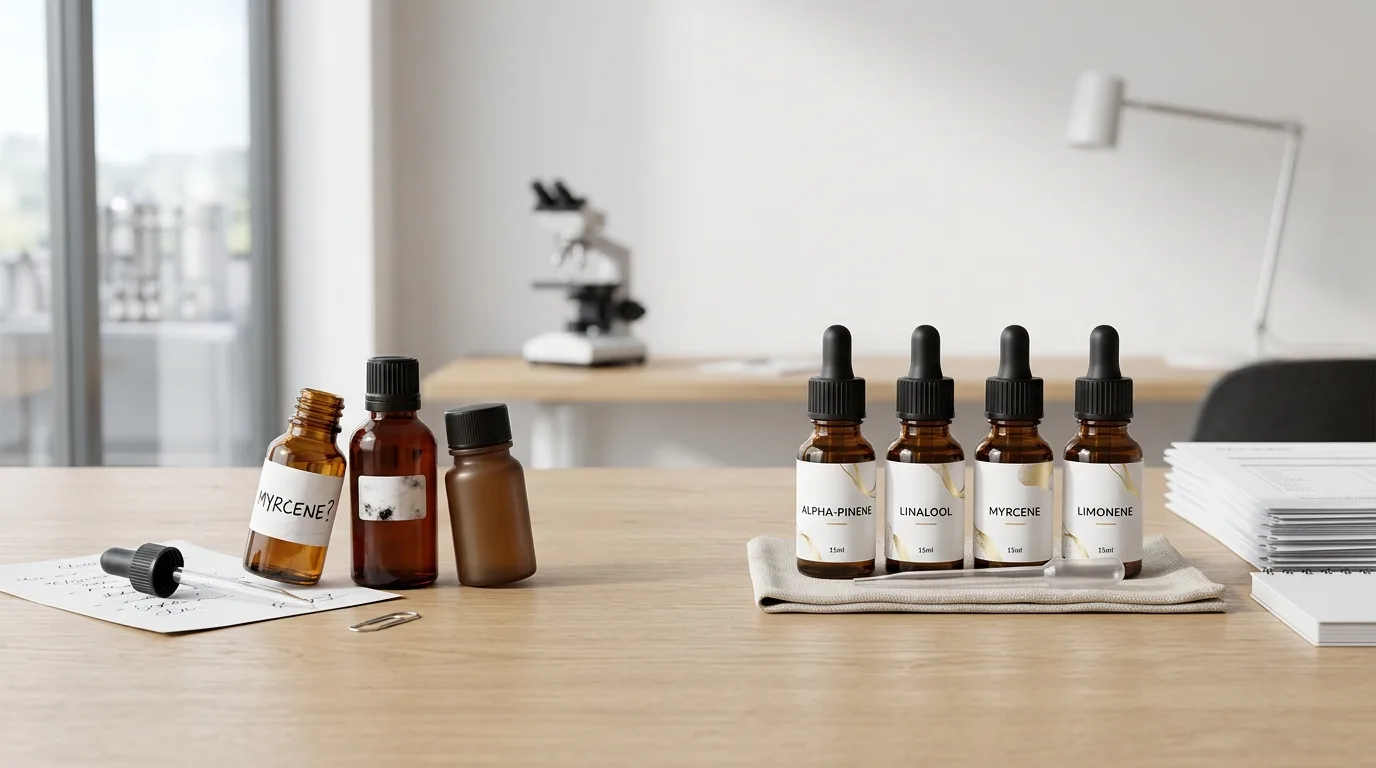 Comparison of terpene dropper bottles from different suppliers on a laboratory bench