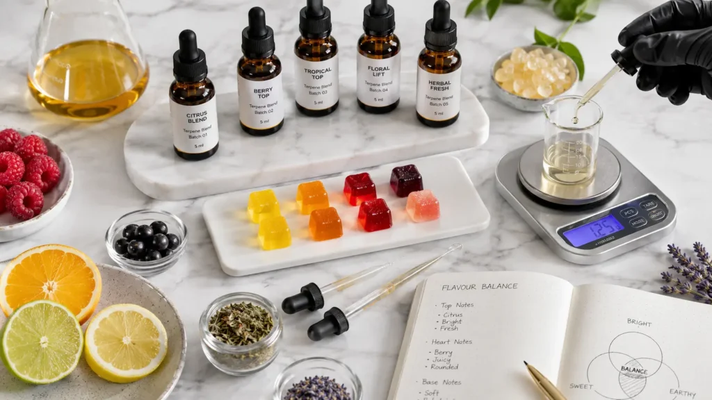 Terpenes for Gummies and Edibles: How Brands Build Better Flavour Consistency 2 Flavour terpenes for gummies being tested with terpene bottles, gummies, pipette, beaker and batch evaluation notes.