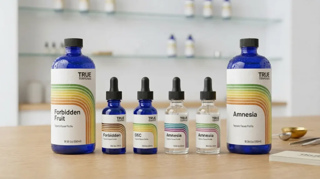 Terpenes for sale selection featuring Forbidden Fruit, GSC and Amnesia bottles from Mr Terpeenes