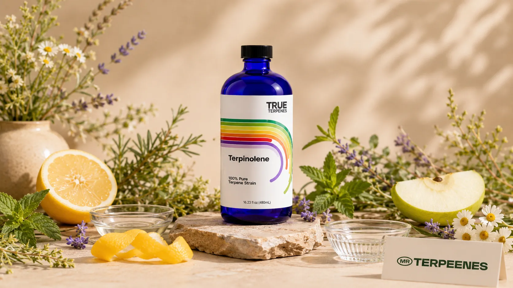 Terpinolene blend guide concept with a formulation bench and terpene dropper bottles