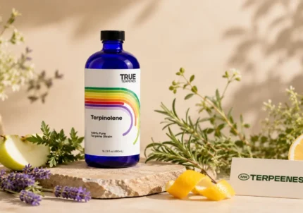 Terpinolene terpene profile hero with fresh botanical sources and an amber terpene dropper bottle