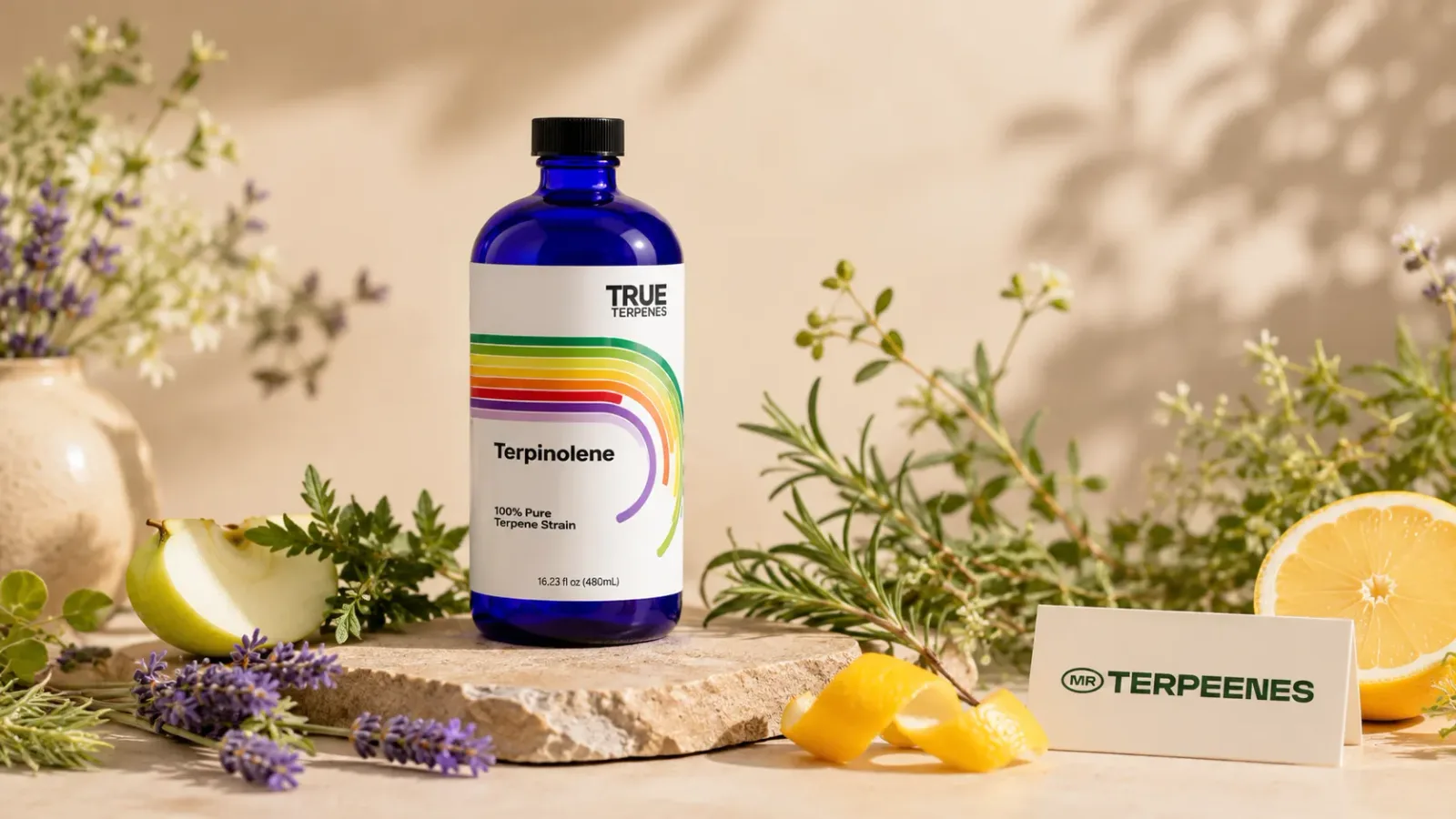 Terpinolene terpene profile hero with fresh botanical sources and an amber terpene dropper bottle