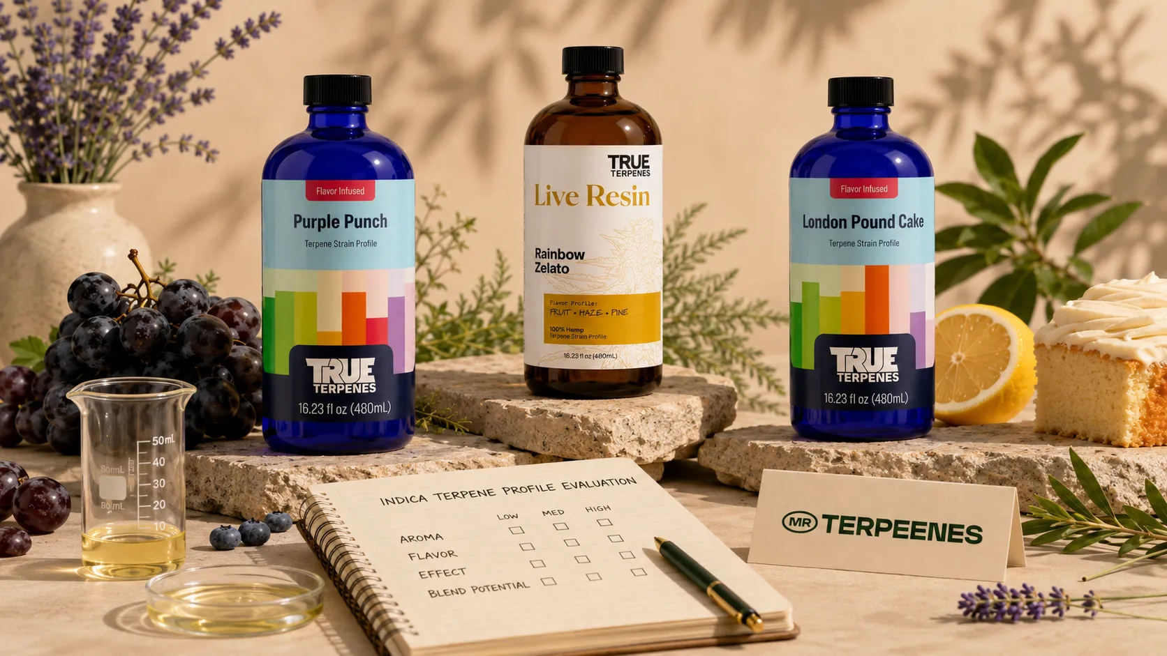 Indica Terpene Profile: Earthy, Sweet and Gas Notes for Modern Blends 3 Evaluating an indica terpene blend with written sensory notes beside terpene bottles