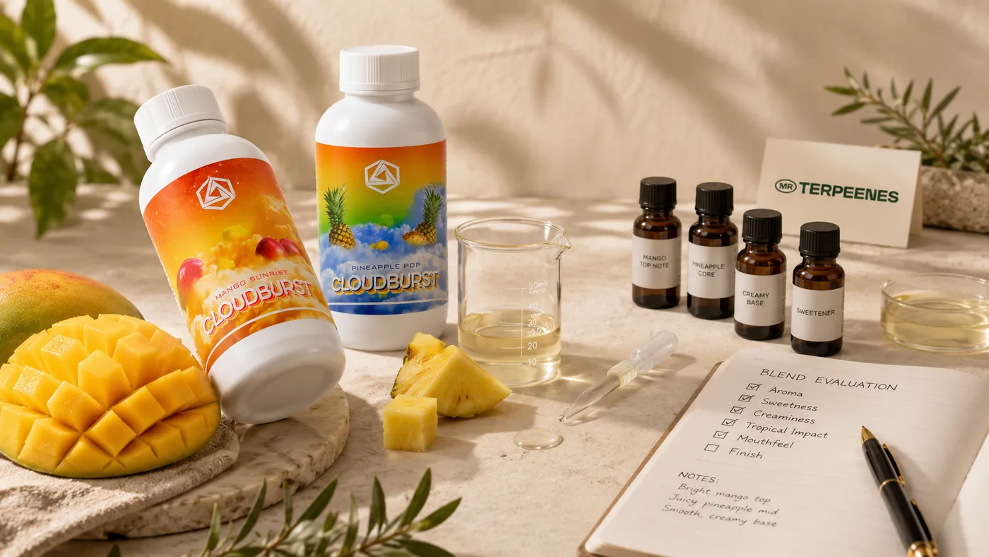 Blend evaluation notes recorded beside Cloudburst terpene bottles during small-batch testing