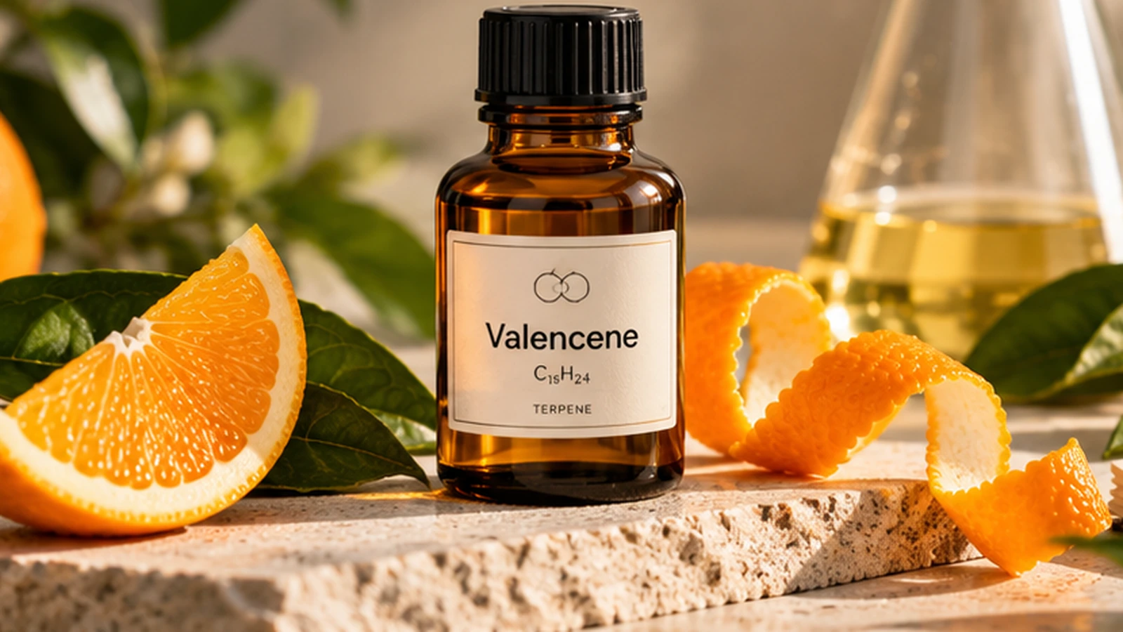 Amber bottle representing a valencene terpene profile surrounded by orange peel and botanical ingredients