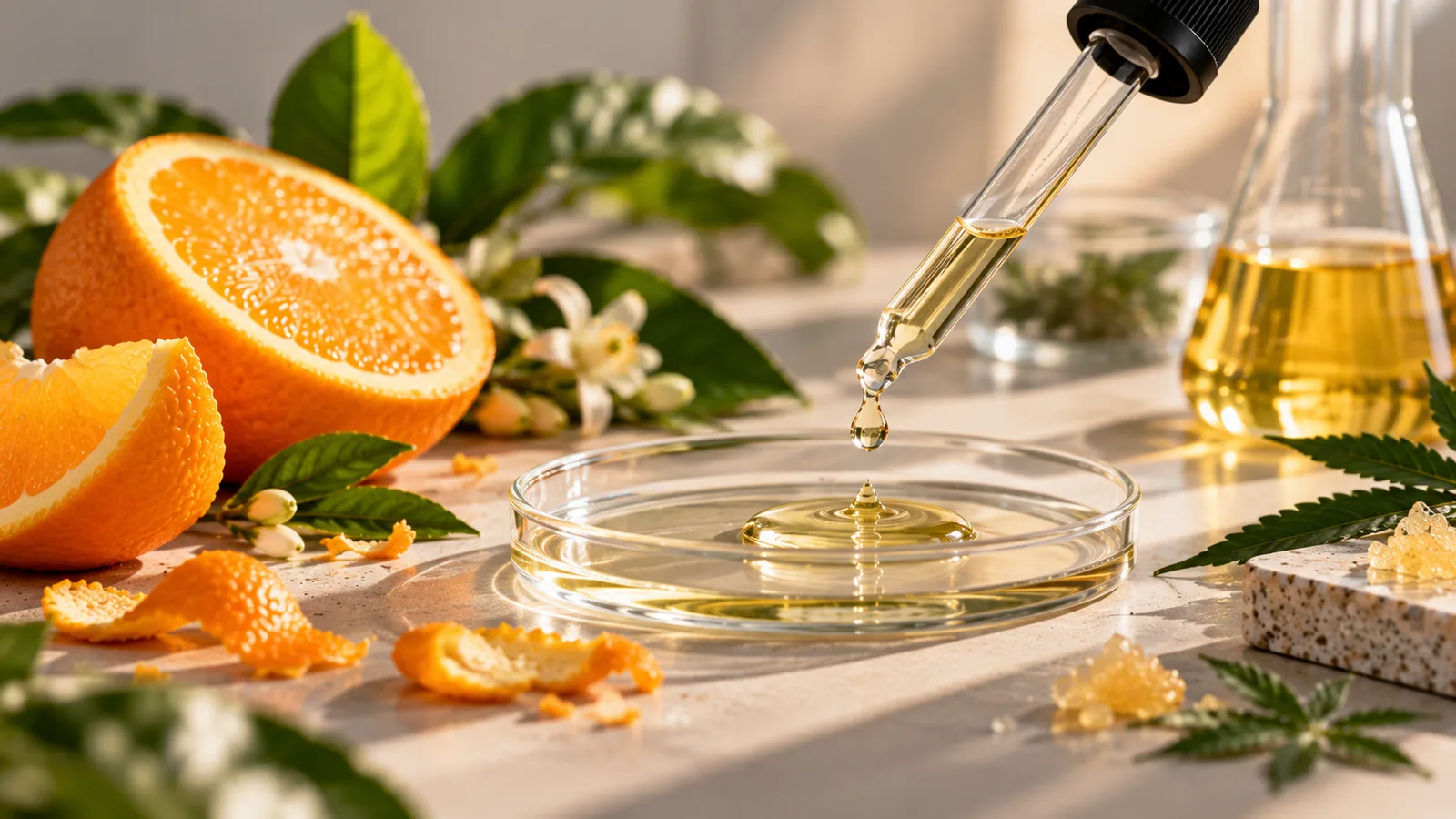 Golden terpene extract in a glass dish with a pipette, orange peel and citrus blossoms